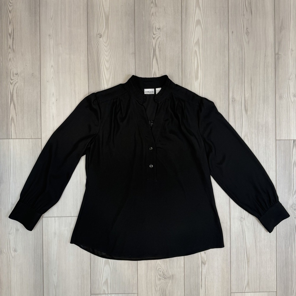 Chico's‎ 2 Large Black Popover Long Sleeve Blouse Pleated Neckline V-Neck